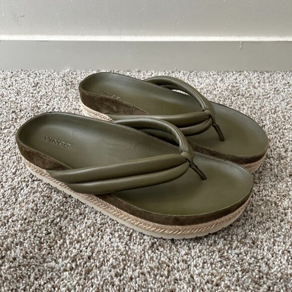 VINCE | New Forest Green Espadrille Platform Leather Flip Flop - Picture 3 of 11